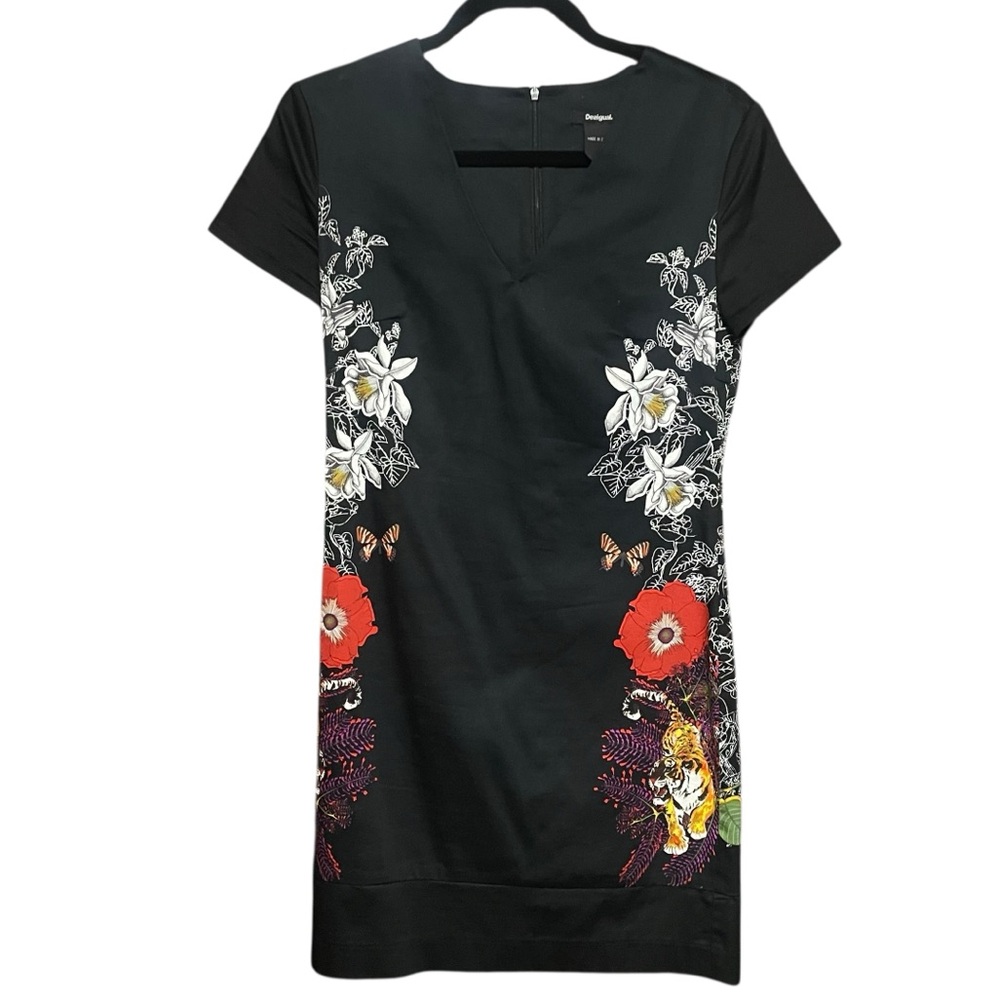 Desigual Floral Tiger Print Shift Mini Black Dress Size XS Day Casual office